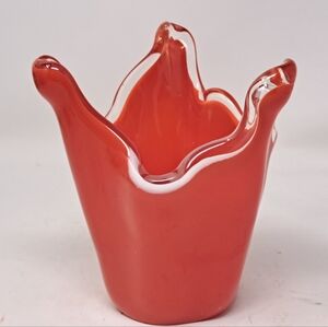Red With Slight Swirl Of White Handkerchief Style Art Glass Vase/Dish
